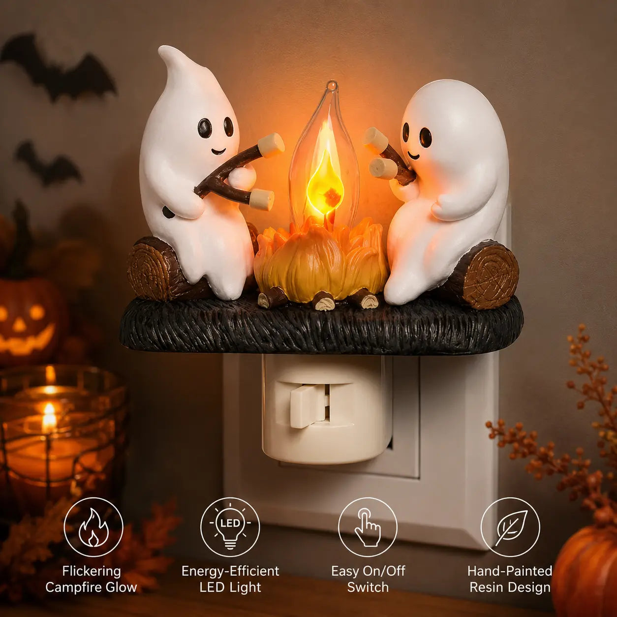 3D flickering campfire plug-in night light glowing in a Halloween room