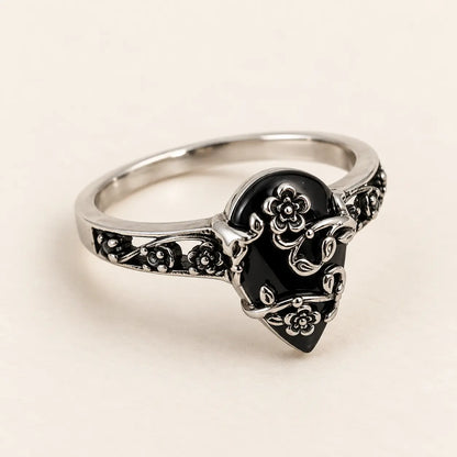 925 Sterling Silver Synthetic Obsidian Ring with Vintage Flower Design, Elegant Black Lab Grown Diamond Ring Jewelry for Women, Energy Crystal Ring Perfect for Daily Wear and Birthday Party, Mother's day Gift