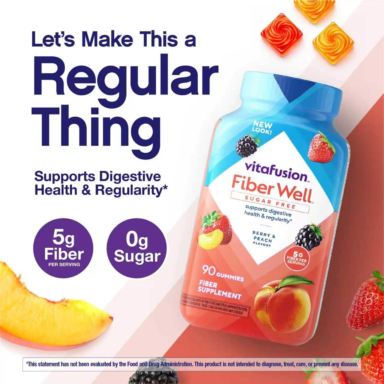 Vitafusion Sugar-Free Fiber Gummies, Berry & Peach Flavor, Supports Digestiv
