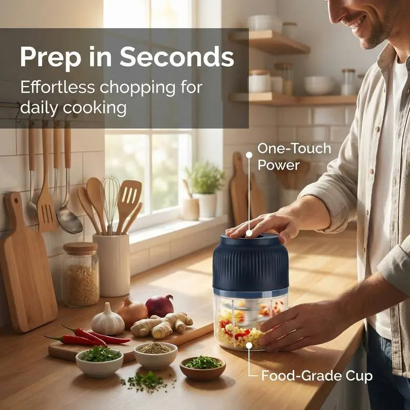 Electric Garlic Chopper, 4 Sharp Blades，Portable Veggie Chopper, 350ML Garlic Grinder Masher Onion Chopper, Blender to Vegetable, Cordless Food Processor for Ginger, Chili, Fruit, Meat, Spices, Beans, etc