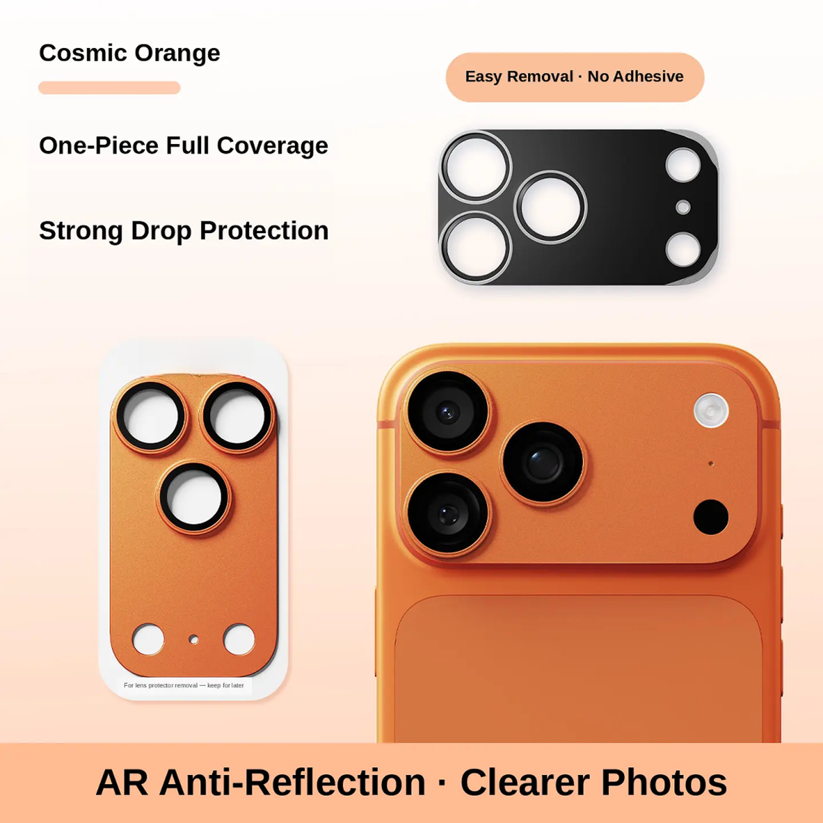 1-Piece Metal Frame Camera Lens & Module Protector for iPhone 18/17 Series, Mobile Phone Accessory with 9H+ Military Grade Tempered Glass, Full Coverage, Anti-Scratch, 12ft Shatterproof, Shockproof, Casing Friendly, Cosmic Orange