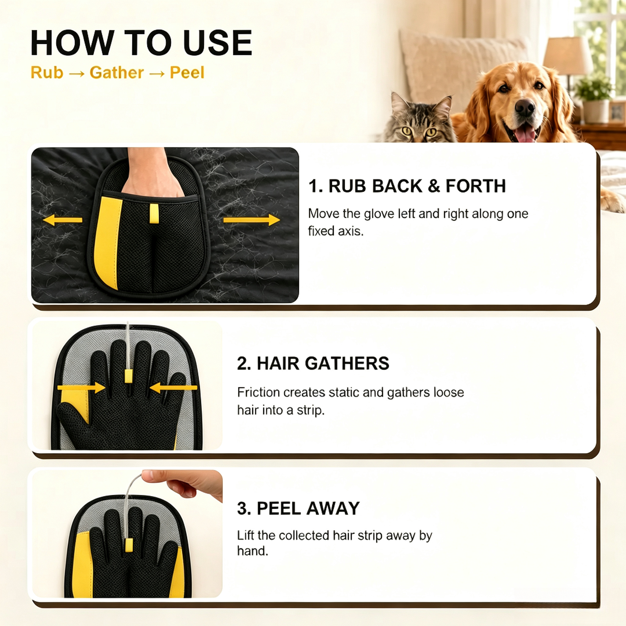 Tierhaarentferner-Handschuh für Katzen & Hunde, wiederverwendbarer elektrostatischer Fusselentferner-Handschuh für Möbel, Couch, Teppich & Kleidung