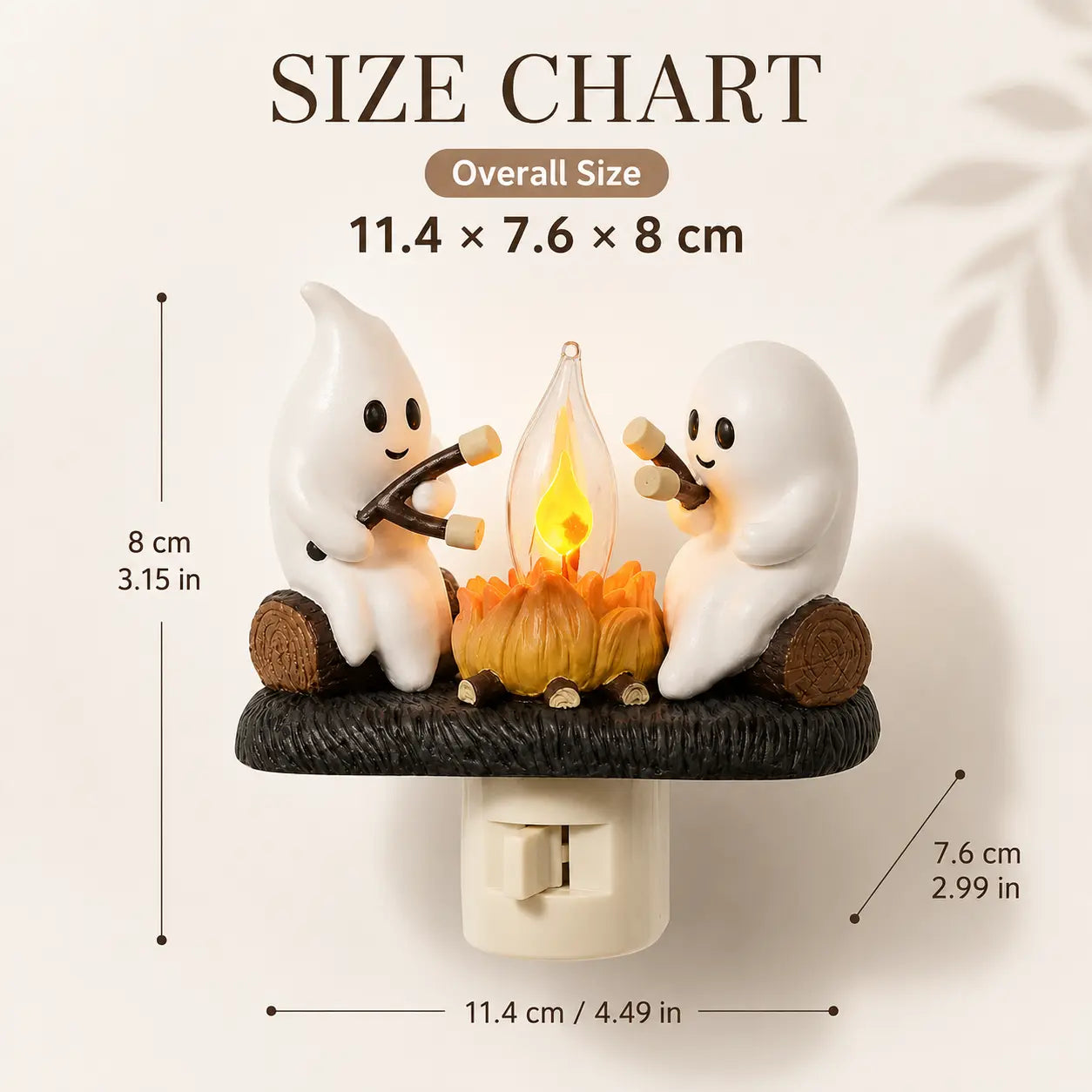Size chart for 3D flickering campfire plug-in night light