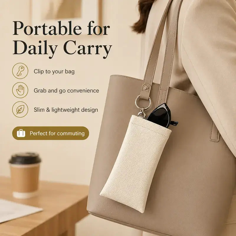 Soft PU Leather Sunglasses Pouch Elastic Opening Eyeglasses Bag, Portable Anti-Scratch Glasses Storage Case With Built-in Cleaning Cloth And Keychain, Minimalist Lightweight Protective Sleeve For Daily Travel Outdoor Women Men Accessories