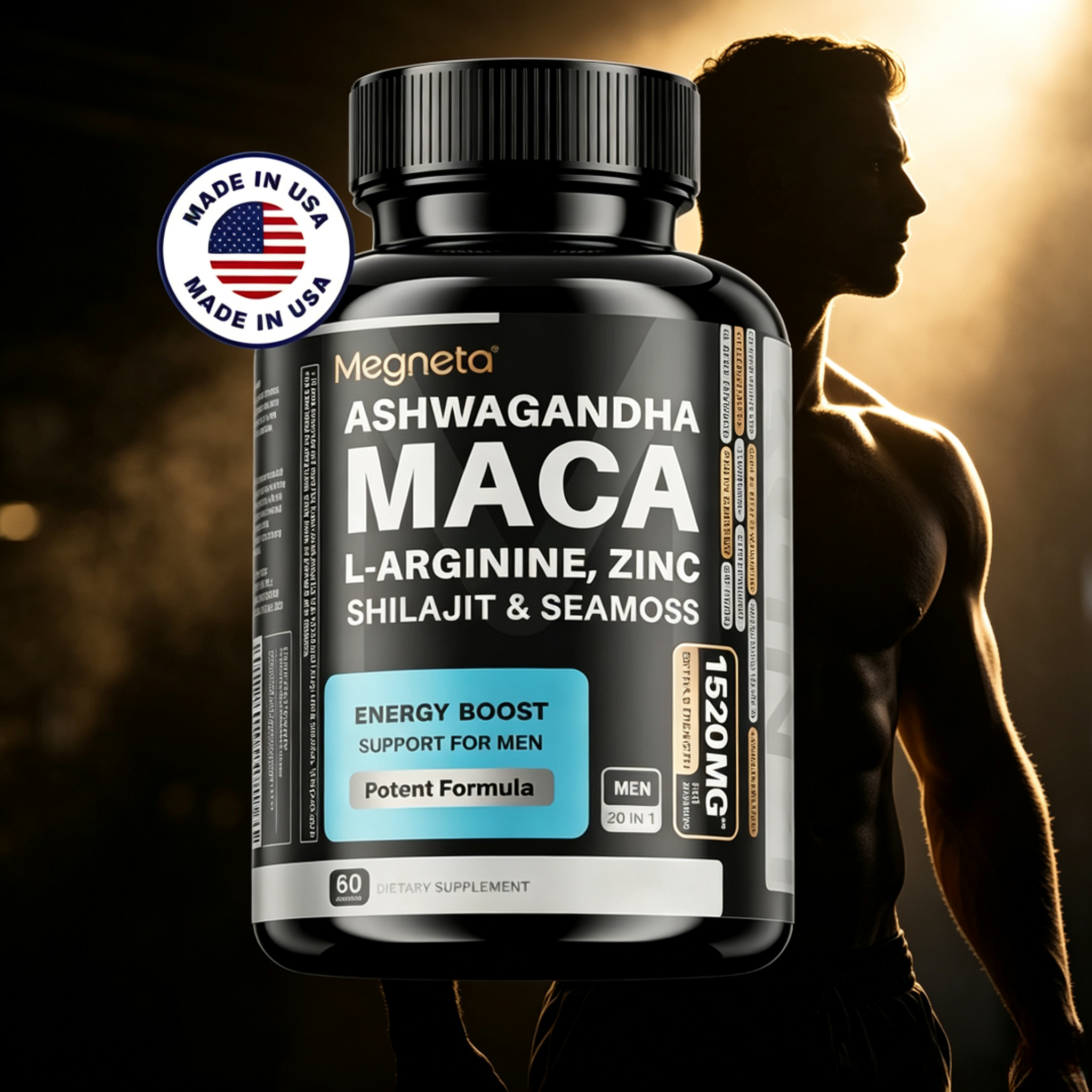 MEN’S CONFIDENCE – 20-in-1 Vitality Formula with Ashwagandha, Seamoss, Shilajit, L-Arginine & L-Citrulline | Energy & Wellness Support – 60 Capsules