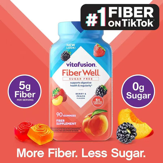 Vitafusion Sugar-Free Fiber Gummies, Berry & Peach Flavor, Supports Digestiv
