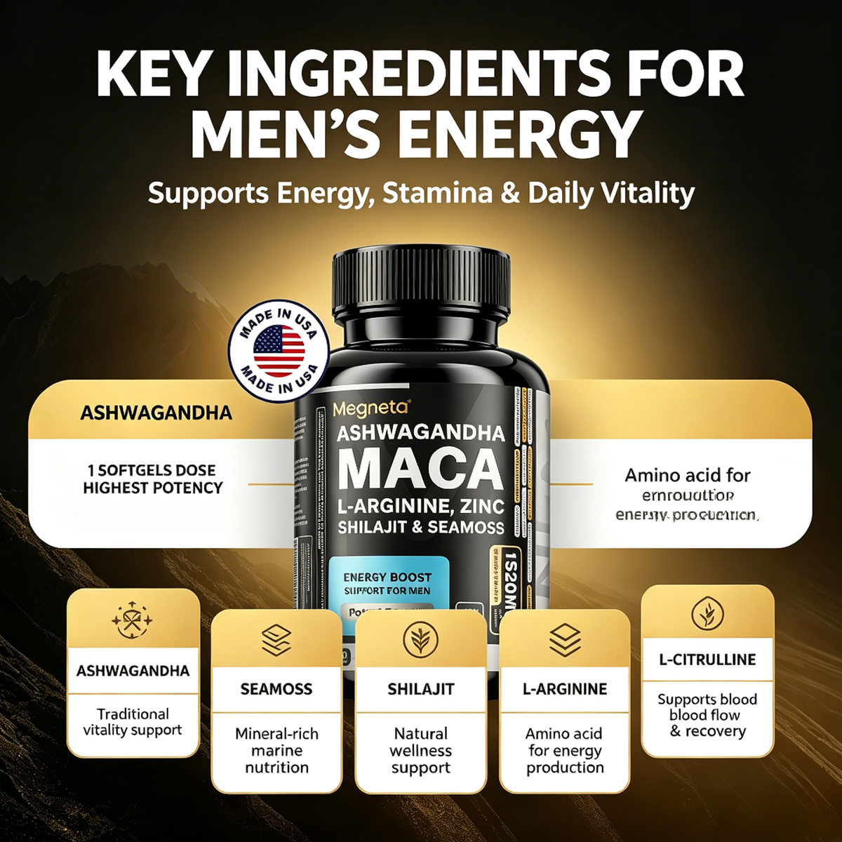 MEN’S CONFIDENCE – 20-in-1 Vitality Formula with Ashwagandha, Seamoss, Shilajit, L-Arginine & L-Citrulline | Energy & Wellness Support – 60 Capsules