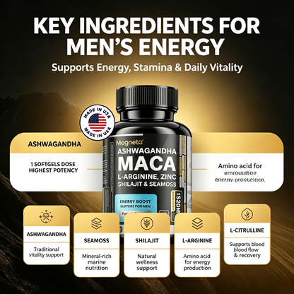 MEN’S CONFIDENCE – 20-in-1 Vitality Formula with Ashwagandha, Seamoss, Shilajit, L-Arginine & L-Citrulline | Energy & Wellness Support – 60 Capsules