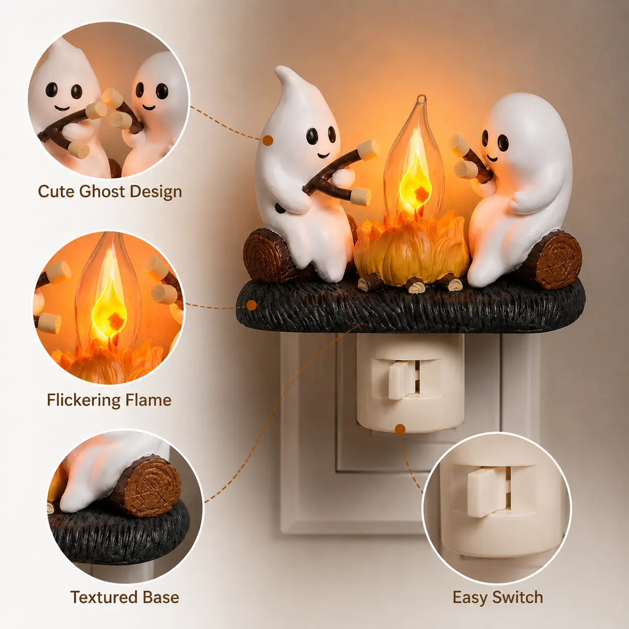 Detailed features of ghost campfire plug-in night light