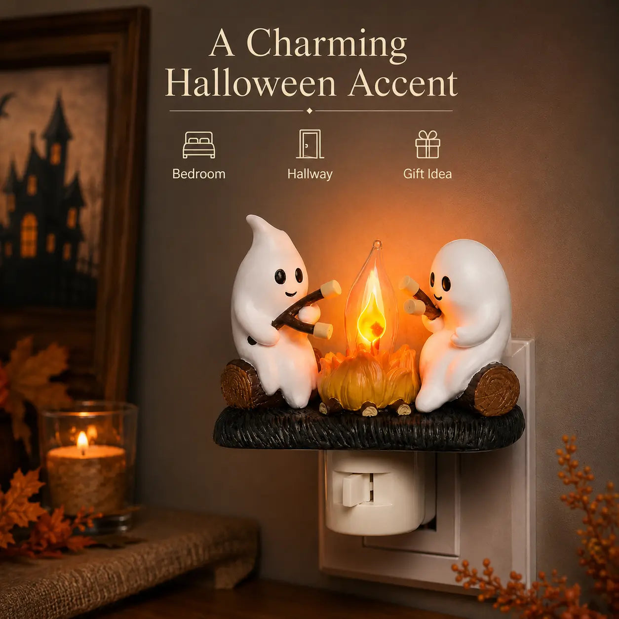 Halloween hallway with glowing ghost campfire night light