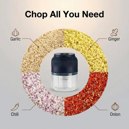 Electric Garlic Chopper, 4 Sharp Blades，Portable Veggie Chopper, 350ML Garlic Grinder Masher Onion Chopper, Blender to Vegetable, Cordless Food Processor for Ginger, Chili, Fruit, Meat, Spices, Beans, etc