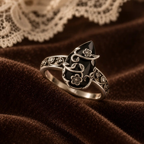 925 Sterling Silver Synthetic Obsidian Ring with Vintage Flower Design, Elegant Black Lab Grown Diamond Ring Jewelry for Women, Energy Crystal Ring Perfect for Daily Wear and Birthday Party, Mother's day Gift