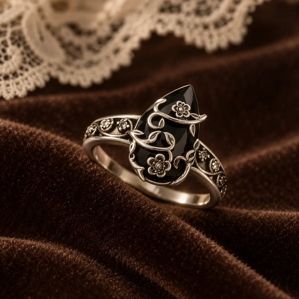 925 Sterling Silver Synthetic Obsidian Ring with Vintage Flower Design, Elegant Black Lab Grown Diamond Ring Jewelry for Women, Energy Crystal Ring Perfect for Daily Wear and Birthday Party, Mother's day Gift
