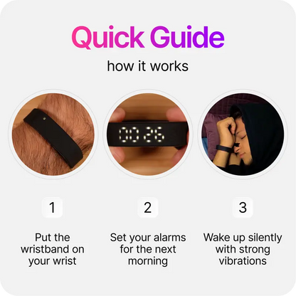 Silent Vibration Wrist-Worn Device - Portable Alarm Clock for Heavy Sleepers, Partner-Disturbance-Free, 2 Intensity Levels, Up to 3 Alarms, 14+ Day Rechargeable Battery, Portable Alarm Clocks