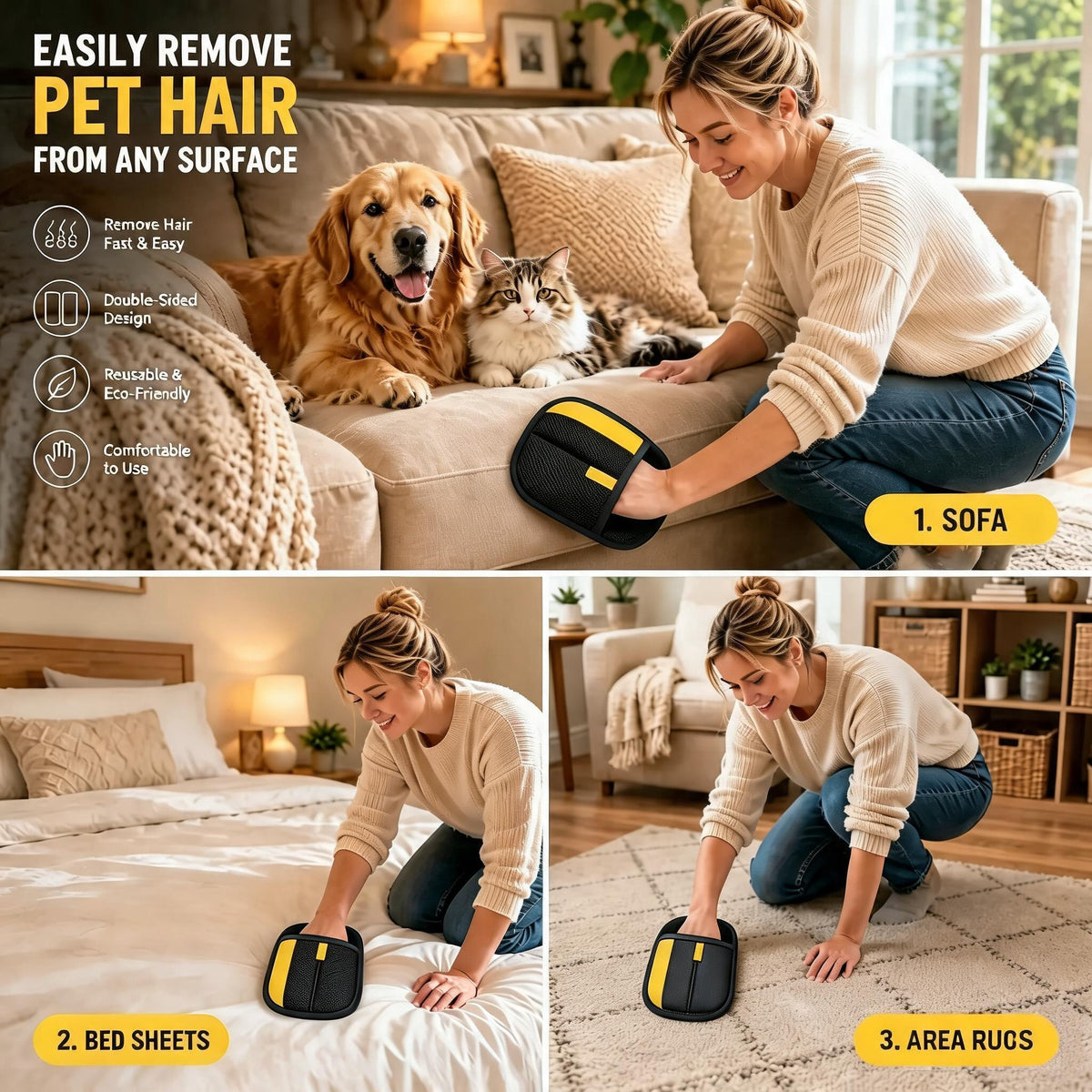 Tierhaarentferner-Handschuh für Katzen & Hunde, wiederverwendbarer elektrostatischer Fusselentferner-Handschuh für Möbel, Couch, Teppich & Kleidung