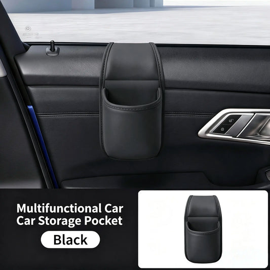 Leather car door storage pocket - double-layer compartments, scratch-proof flannel lining, residue-free adhesive, organizes keys & phones, keeps car interiors tidy, fits most sedans, SUVs and trucks for daily driving