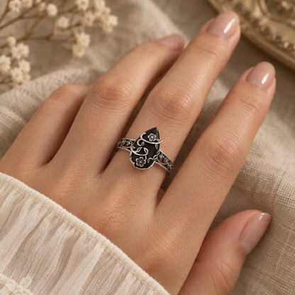 925 Sterling Silver Synthetic Obsidian Ring with Vintage Flower Design, Elegant Black Lab Grown Diamond Ring Jewelry for Women, Energy Crystal Ring Perfect for Daily Wear and Birthday Party, Mother's day Gift