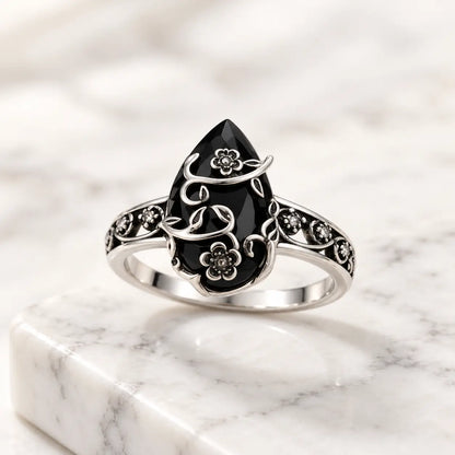 925 Sterling Silver Synthetic Obsidian Ring with Vintage Flower Design, Elegant Black Lab Grown Diamond Ring Jewelry for Women, Energy Crystal Ring Perfect for Daily Wear and Birthday Party, Mother's day Gift