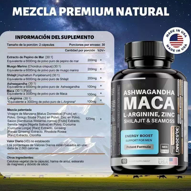 MEN’S CONFIDENCE – 20-in-1 Vitality Formula with Ashwagandha, Seamoss, Shilajit, L-Arginine & L-Citrulline | Energy & Wellness Support – 60 Capsules
