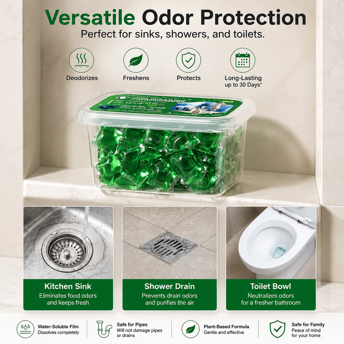 30Pcs Drain Deodorizer Beads – Long-Lasting Freshness for Sinks & Toilets