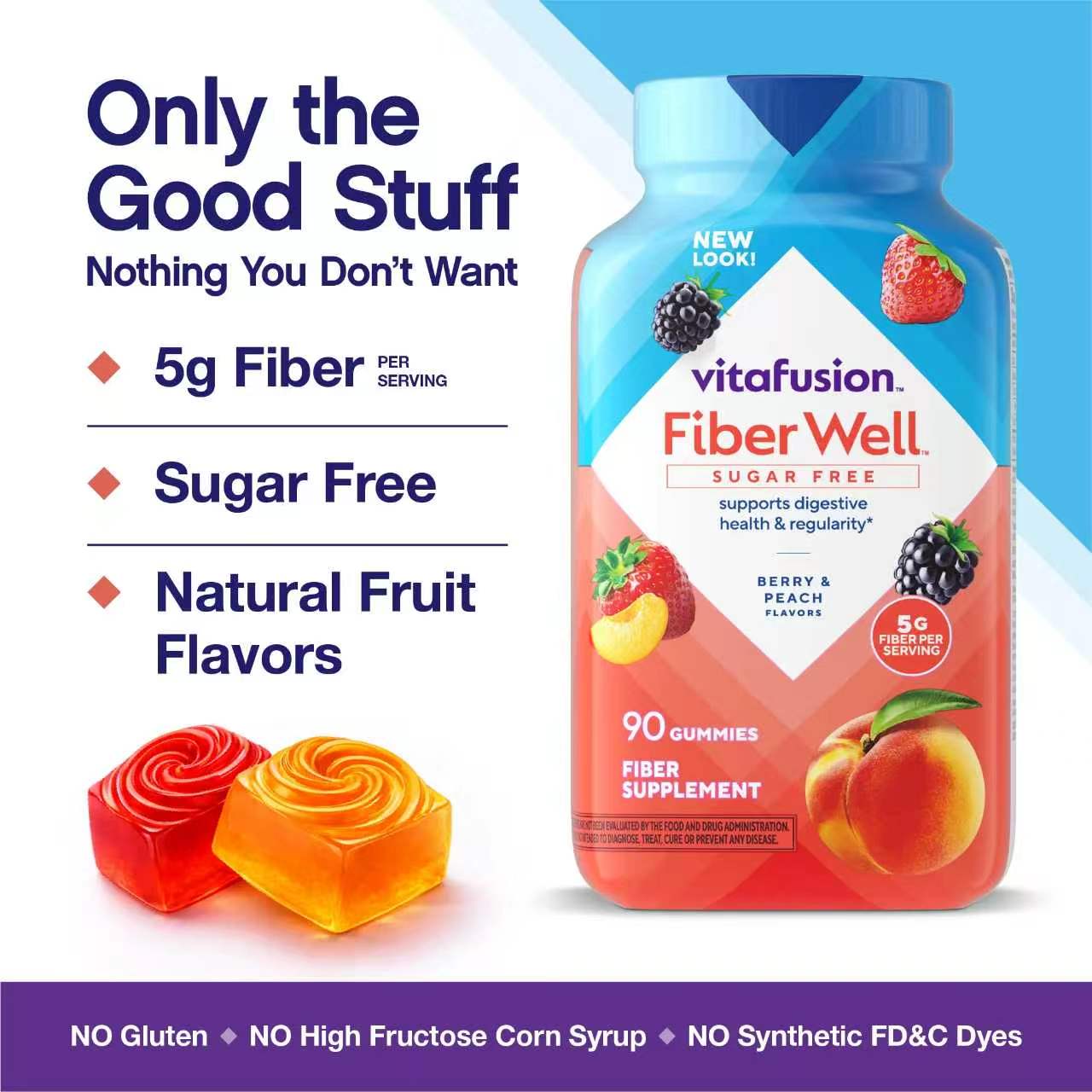 Vitafusion Sugar-Free Fiber Gummies, Berry & Peach Flavor, Supports Digestiv