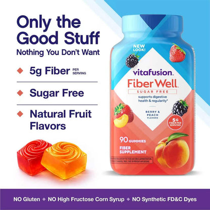 Vitafusion Sugar-Free Fiber Gummies, Berry & Peach Flavor, Supports Digestiv
