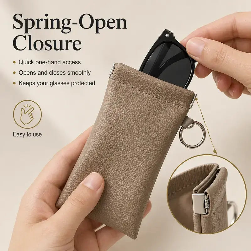 Soft PU Leather Sunglasses Pouch Elastic Opening Eyeglasses Bag, Portable Anti-Scratch Glasses Storage Case With Built-in Cleaning Cloth And Keychain, Minimalist Lightweight Protective Sleeve For Daily Travel Outdoor Women Men Accessories